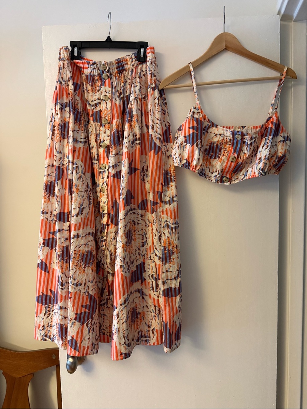 By Anthropologie Floral Pleated button front Maxi Skirt and matching top